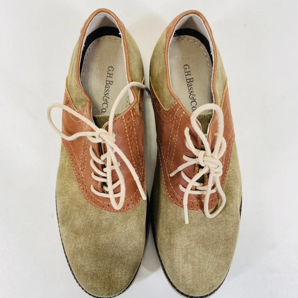 GH Bass Eli Mens 7.5 M Olive Canvas Brown Leather Saddle Oxford Shoes 0031-2554